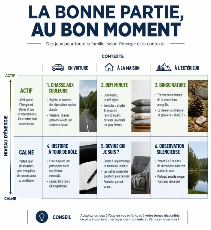 Infographie récapitulative des jeux en famille sans matériel par contexte et niveau d'énergie