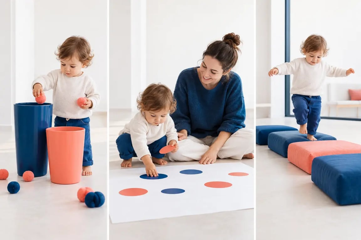 Activité enfant 2 ans à la maison avec jeux de transvasement, gommettes et parcours de motricité
