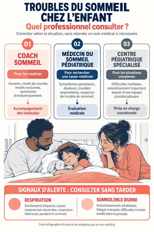 Infographie pour choisir un specialiste sommeil enfant selon les symptômes et les signes d’alerte