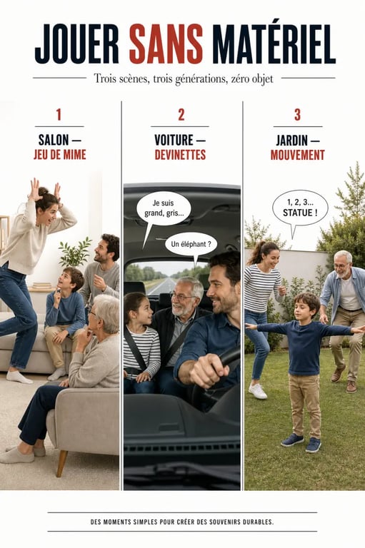 Jeu à faire en famille illustré dans le salon, en voiture et dans le jardin avec parents, enfants et grands-parents