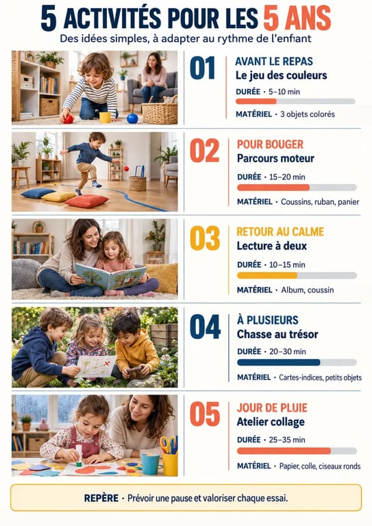 Infographie d'idées d'activités enfants 5 ans selon la durée, le contexte et le matériel