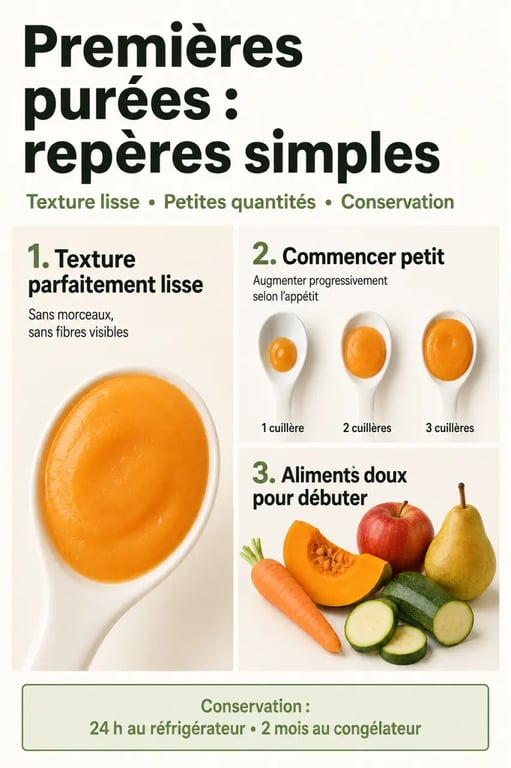 Purée bébé 4 mois : repères visuels sur la texture lisse, les premières quantités et les aliments adaptés